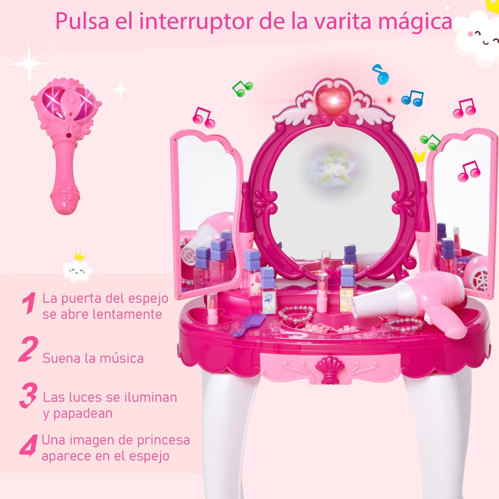 HOMCOM Conjunto de penteadeira para crianças acima de 3 anos penteadeira com banquinho música e iluminação espelho cosmeticos secador de cabelo esmaltes 45 x 30,5 x 72 cm
