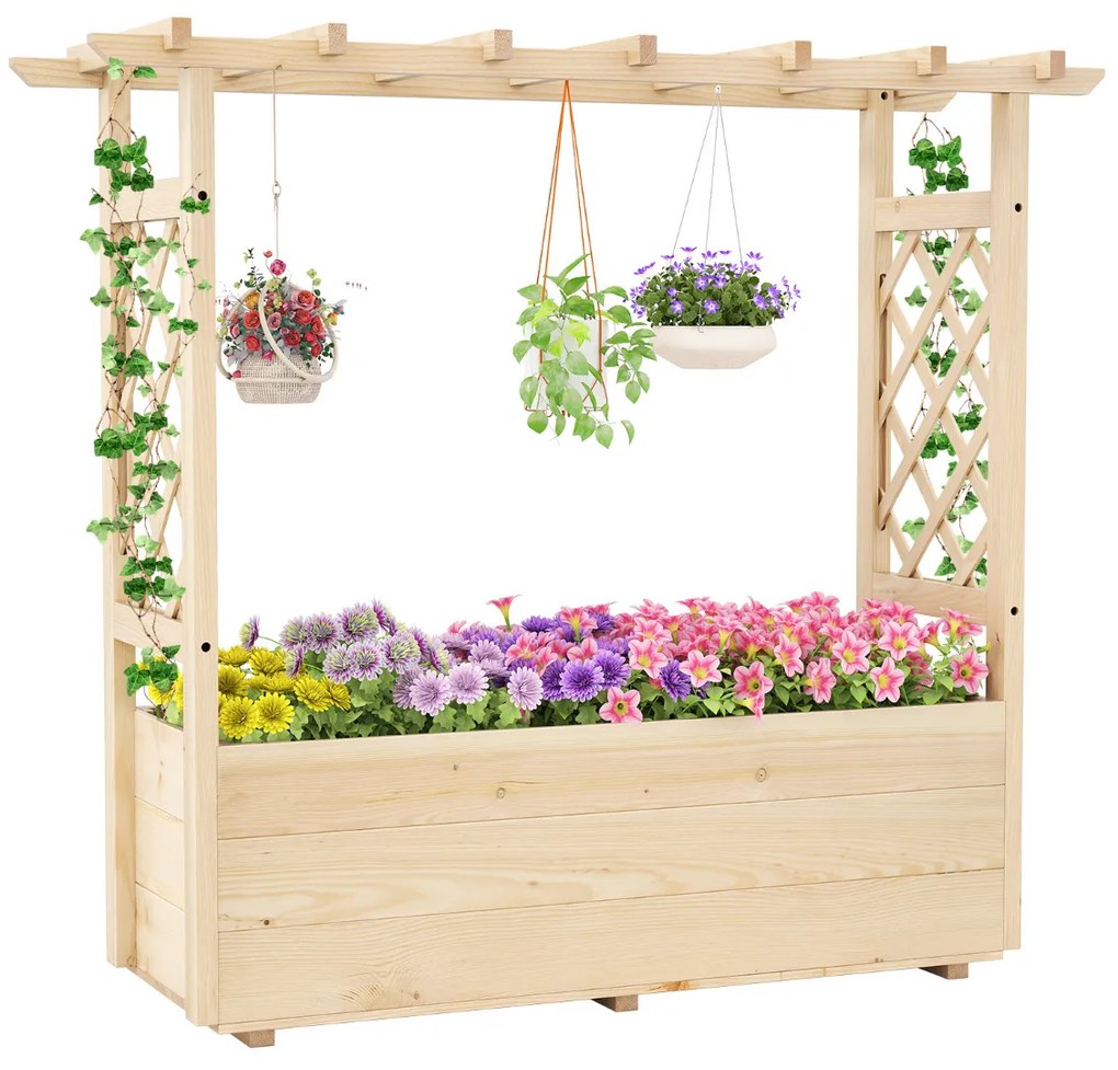 Floreira de jardim elevada com treliça, teto suspenso e drenagem de madeira para flores para pátio 118 x 40 x 103 cm Natural