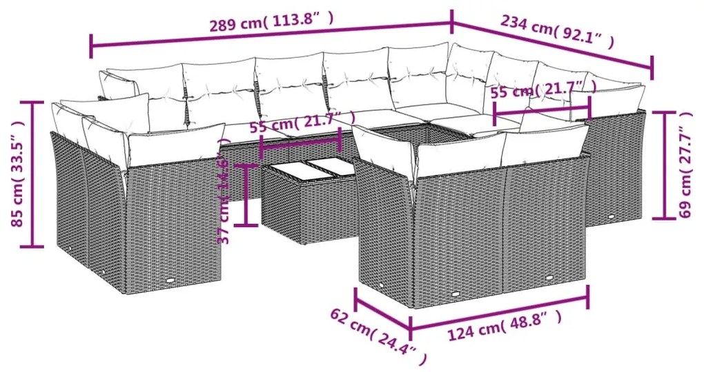 13 pcs conj. sofás jardim c/ almofadões vime PE cinzento-claro