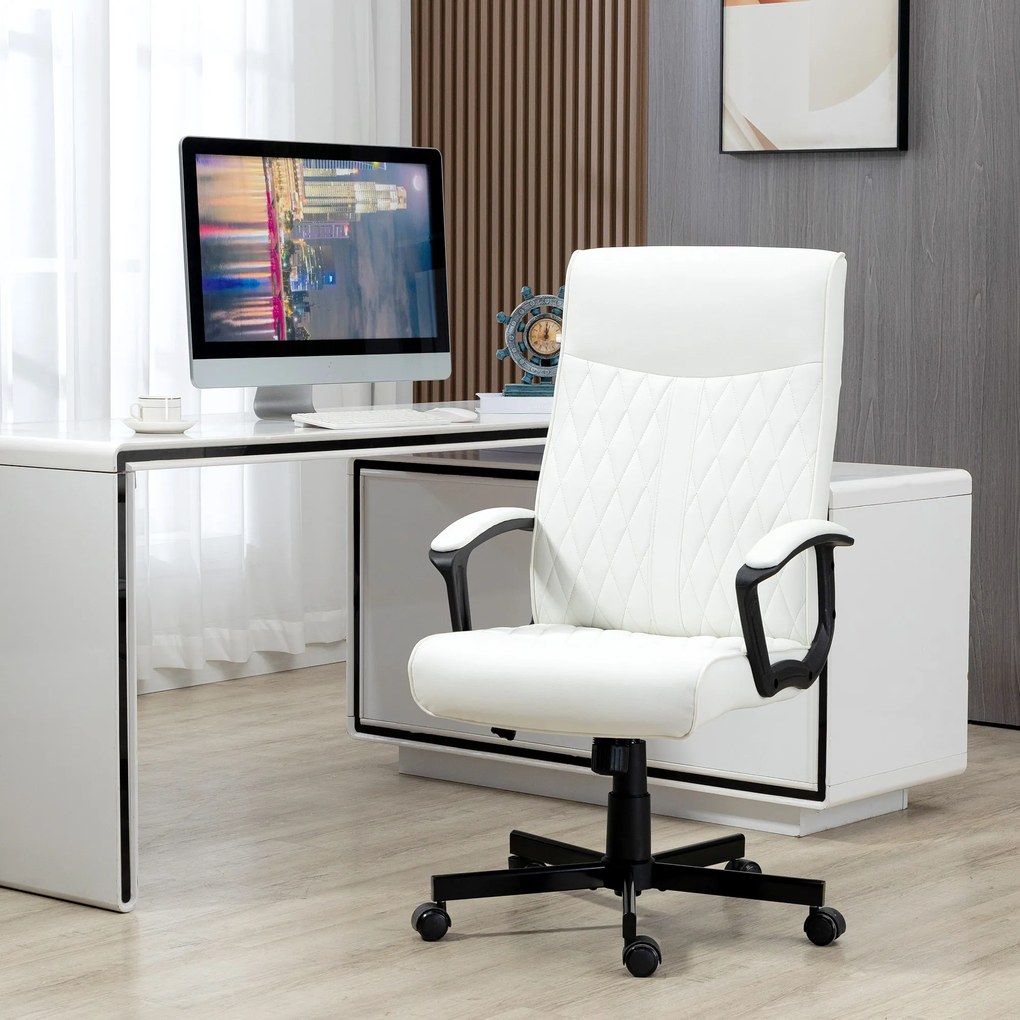 Cadeira de Escritório Giratória 360° com Encosto Alto Altura Ajustável e Função de Inclinação 65x65x102-112,5cm Creme