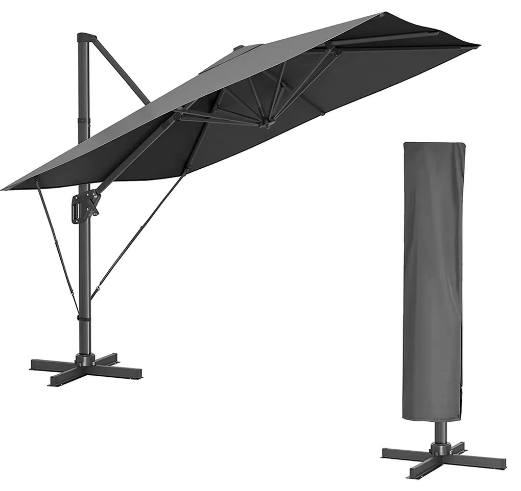 SONGMICS Guarda-sol cantilever para pátio de jardim 3 x 3 m, Guarda-sol suspenso de banana com deslocamento quadrado, UPF 50+, rotação de 360°, inclinação ajustável, manivela para fechamento de abertura, com base, cinza GPU039G01