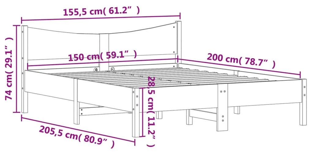 Cama sem colchão 150x200 cm madeira pinho maciça castanho-mel