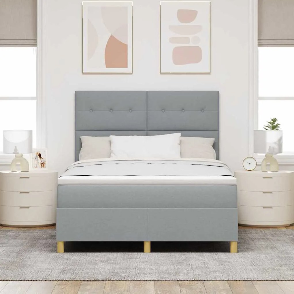 Cama com Estrutura Box Spring e Colchão &amp; Luz LED Cinzento Claro 140x2