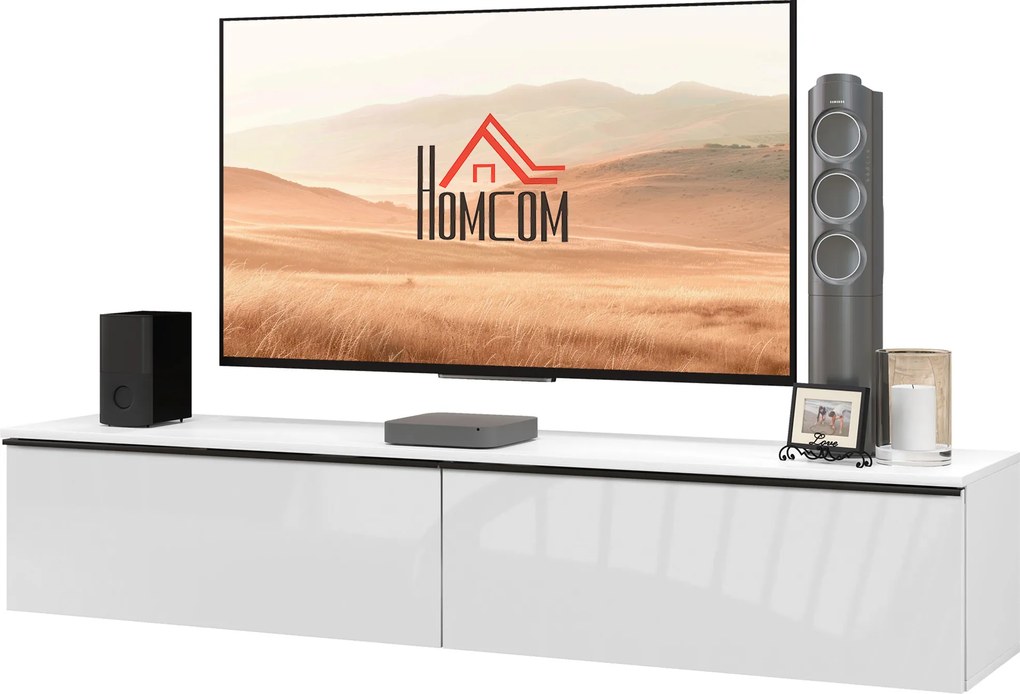 Móvel de TV suspenso com armário 160 x 35 x 30 cm, para televisores até 70 polegadas, acabamento brilhante, branco