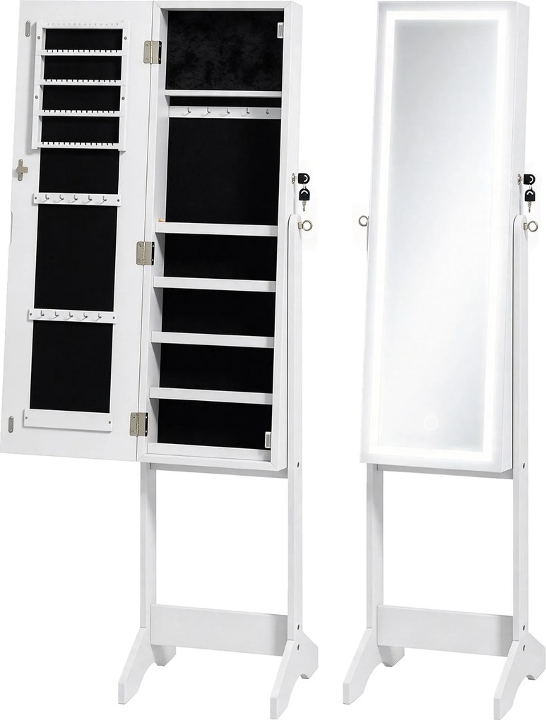 HOMCOM Armário para Joias de Pé com Luz LED e Espelho, 149 cm, Prateleiras, Fechadura, 3 Ângulos Ajustáveis, Branco | Aosom Portugal