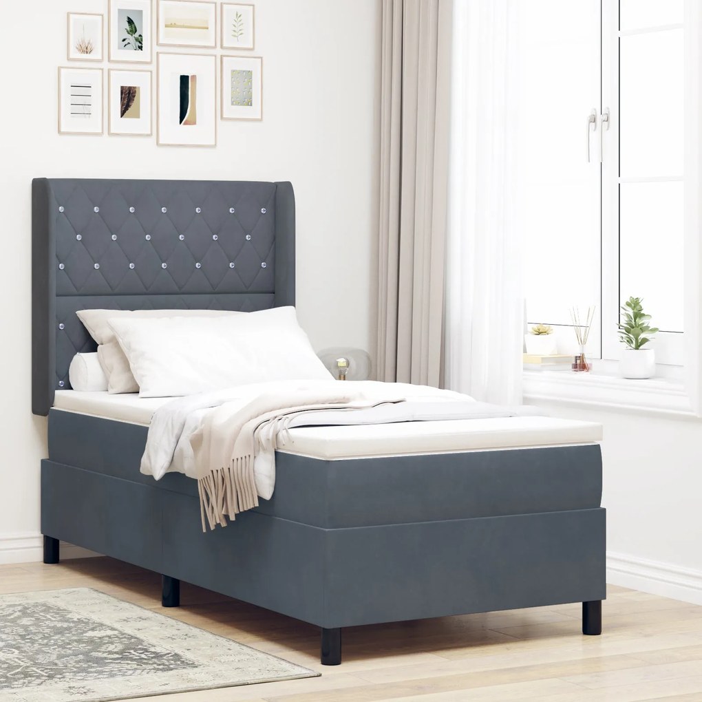 Cama Box Spring com Colchão Cinza Escuro 90x200 cm em Veludo