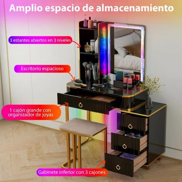 Toucador de maquilhagem RGB com espelho, 4 gavetas, 7 luzes LED dinâmicas, 7 luzes LED estáticas, banqueta e portas USB tipo C para o quarto, preto