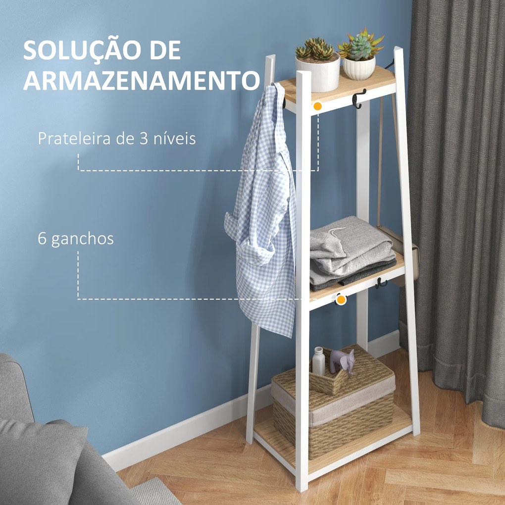 Suporte para Cabides de 3 Níveis Suporte para Cabides com 6 Ganchos e Prateleiras para Entrada Corredor 61x41x165 cm Natural
