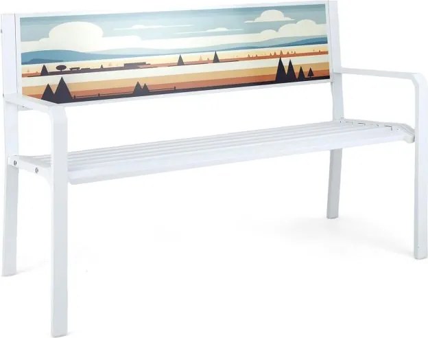 Banco de jardim de metal  com 2 lugares, encosto decorativo, assento com ripas e apoios de braços branco