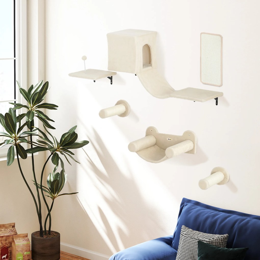 Conjunto de Prateleiras de Escalada para Gatos de 6 Peças com Placa para Arranhar e Poste de Sisal Bege