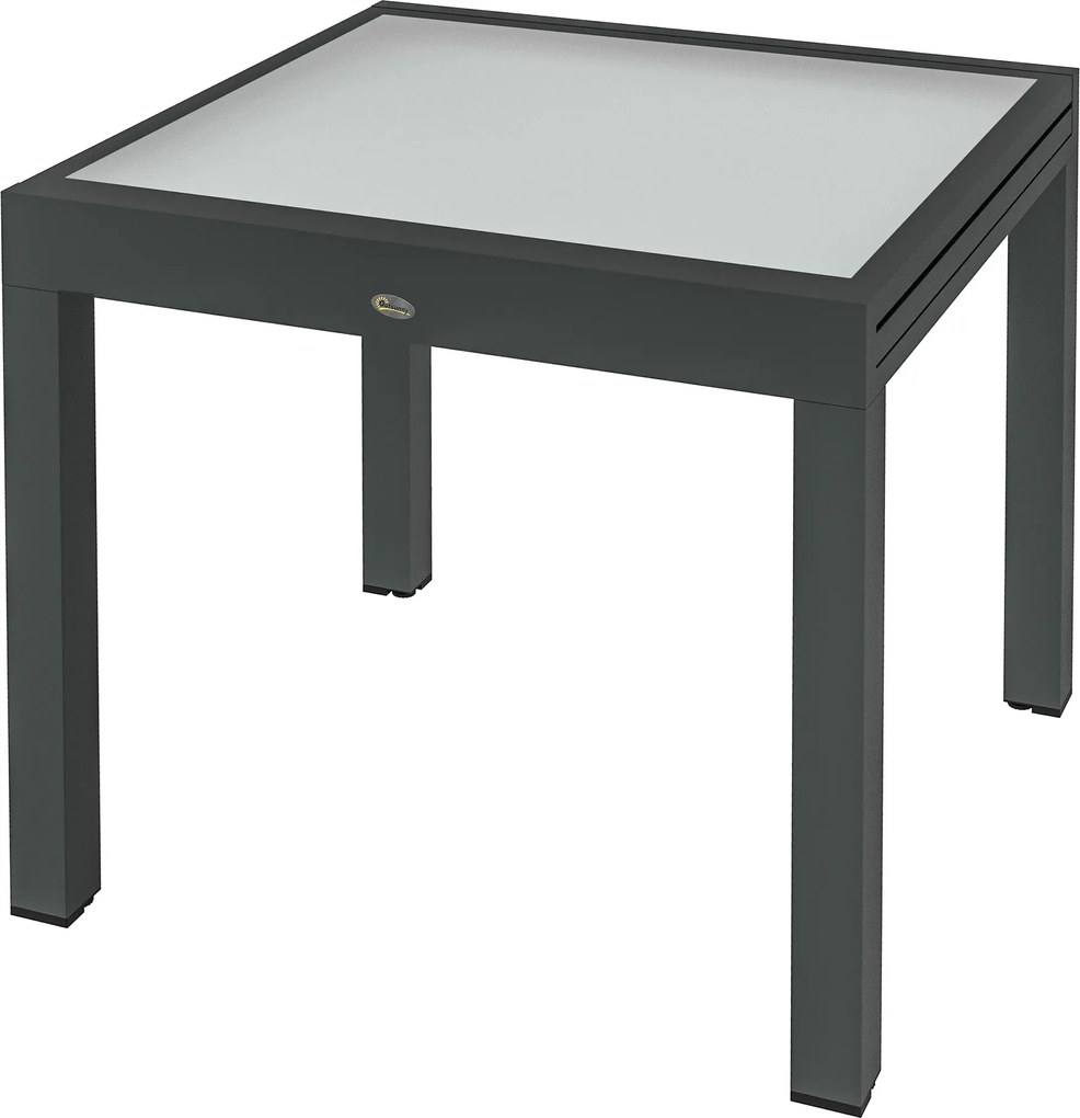 Mesa de jardim extensível dimensões quando aberta: 160 x 80 x 75 cm; estrutura em alumínio; tampo em vidro temperado transparente
