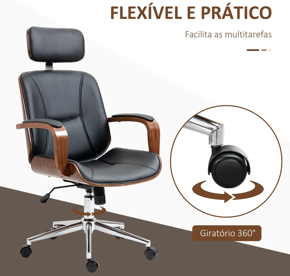 Vinsetto Cadeira de Escritório Operativa de Couro PU com Apoio para a Cabeça Amovível Altura Ajustável 63x62x110-120cm Preto e Madeira