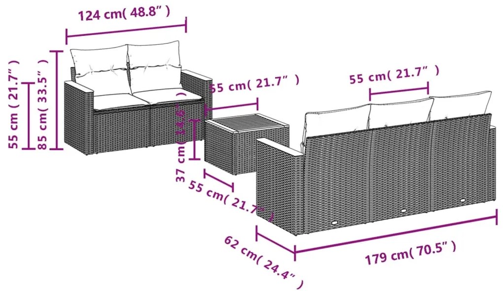 6 pcs conjunto sofás de jardim com almofadões vime cinzento
