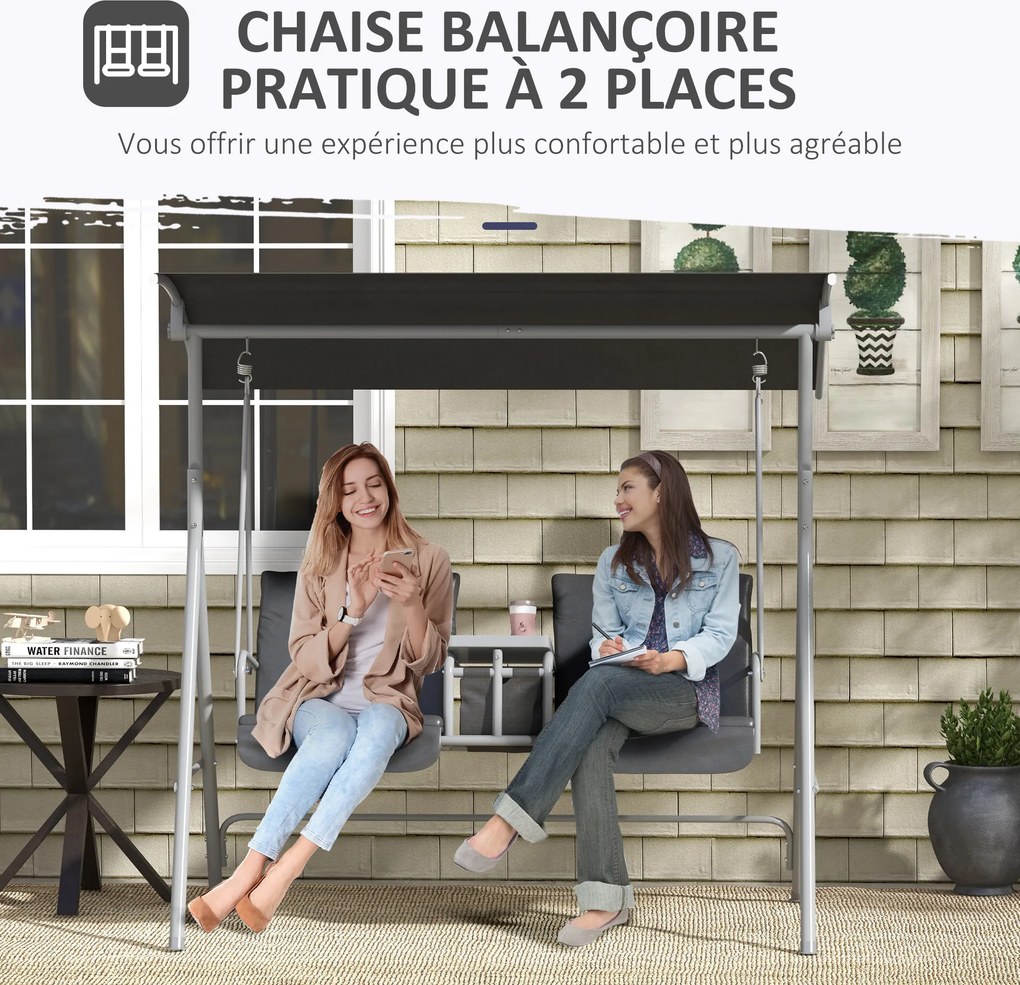 Baloiço de jardim de 2 lugares com toldo inclinável, tabuleiro central e 2 suportes para copos – 175 x 112 x 158 cm – cinzento