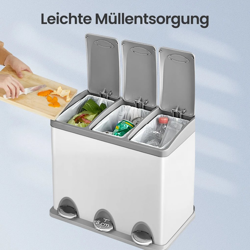 Caixote do lixo para cozinha 3 compartimentos x 8 L, 47 x 28,3 x 39,5 cm branco + cinzento