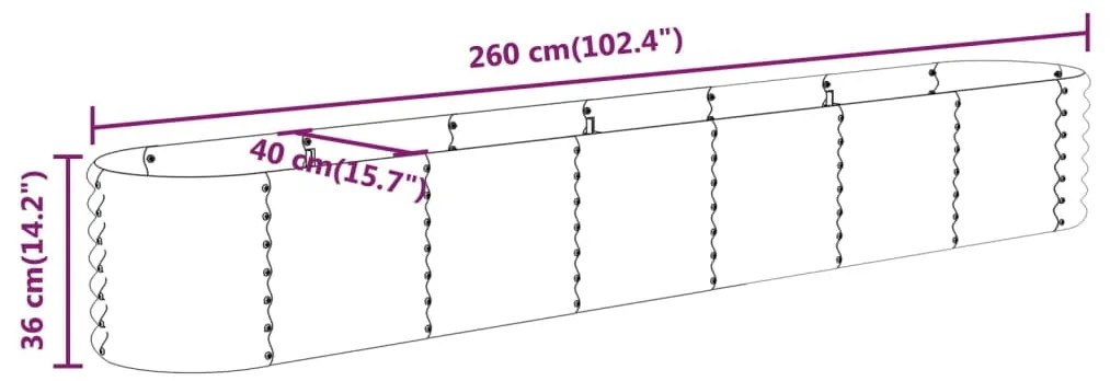 Canteiro elevado jardim 260x40x36cm aço revestido a pó castanho