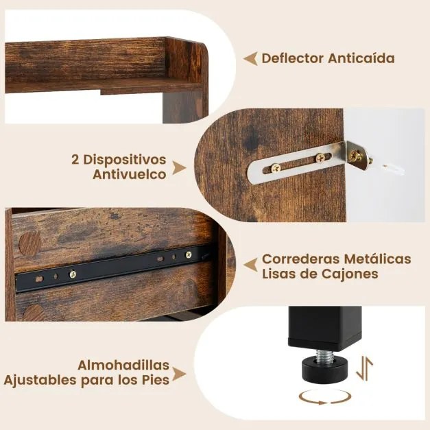 Toucador com espelho retangular com banco e  estação de carregamento, prateleiras abertas e compartimento oculto para quarto, cor castanho