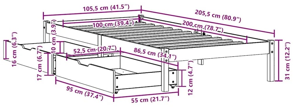 Cama sem colchão 100x200 cm madeira de pinho maciça branco