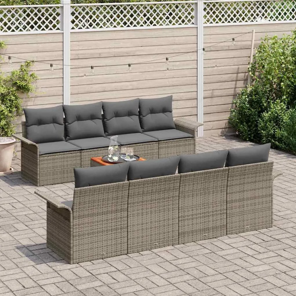 Conjunto de Sofá de Jardim com 9 peças e almofadas cinzas, em Rattan S