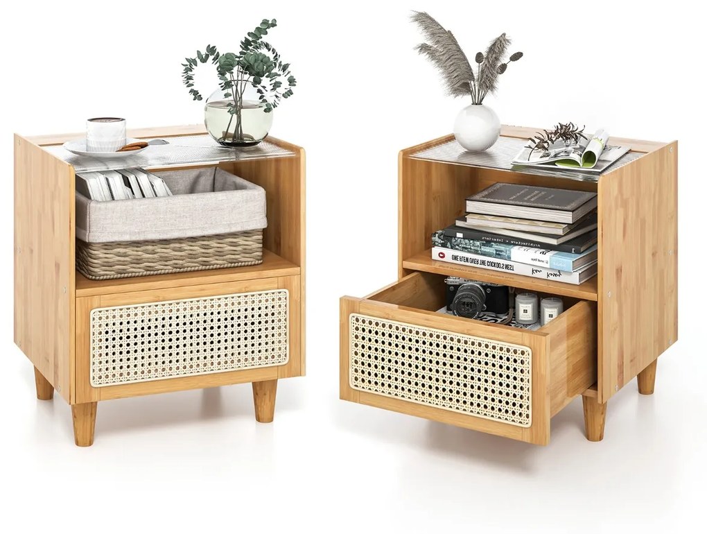 Conjunto 2 Mesas de cabeceira, Mesa apoio em bambu e rattan com gaveta e pés em madeira maciça 43 x 35 x 50 cm Natural
