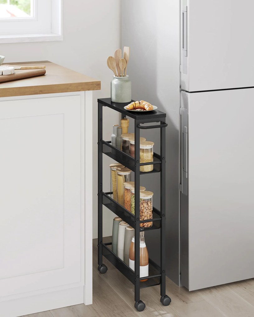 Carrinho cozinha estreito 13 x 45,4 x 77 cm com 4 prateleiras e pega em preto