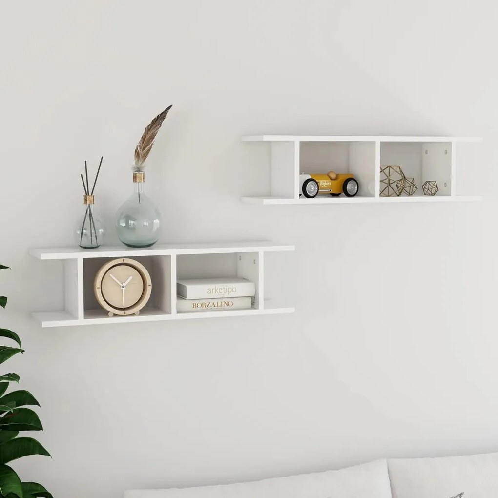 vidaXL Estantes de parede 2 pcs 78x18x20 cm madeira branco brilhante