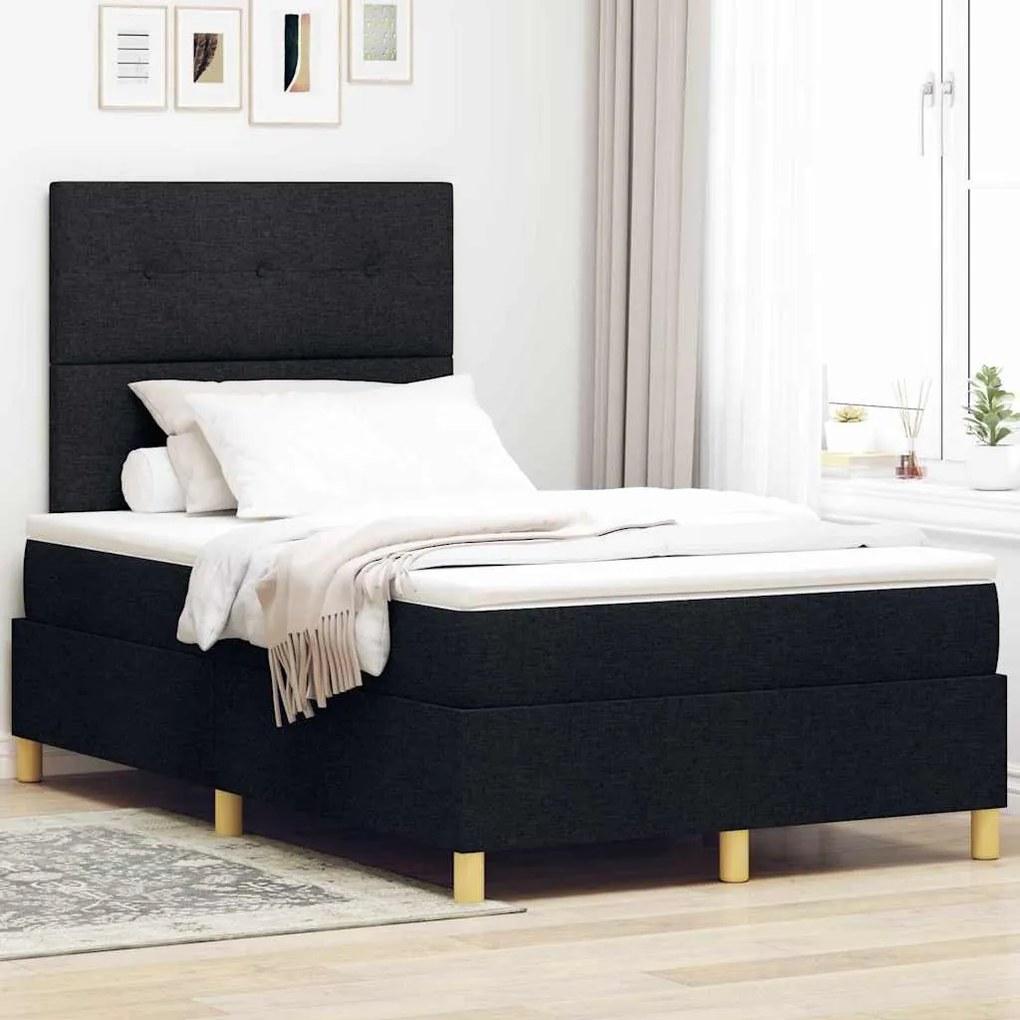 Cama Box Spring com Colchão &amp; LED Preto 120x190 cm Tecido