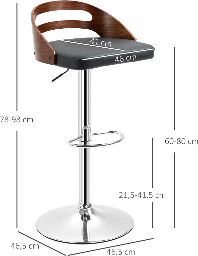 Conjunto de 2 bancos de bar, assento ajustável em altura, giratórios a 360°, revestimento sintético preto, encosto perfurado com efeito de madeira