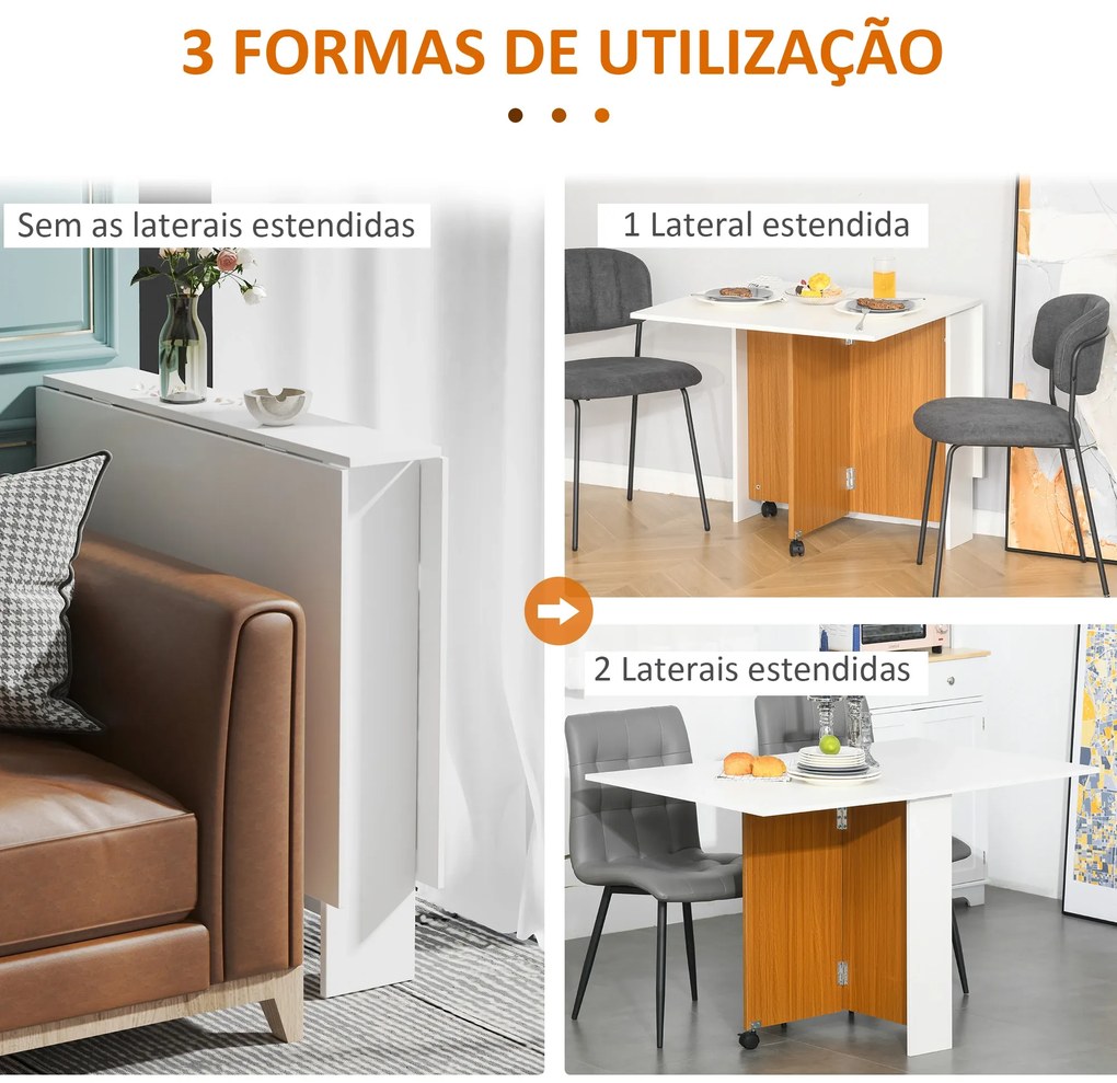 Mesa de Sala de Jantar Dobrável com Rodas Mesa Multifuncional para Sala de Jantar 120x80x73cm Branco e Teca