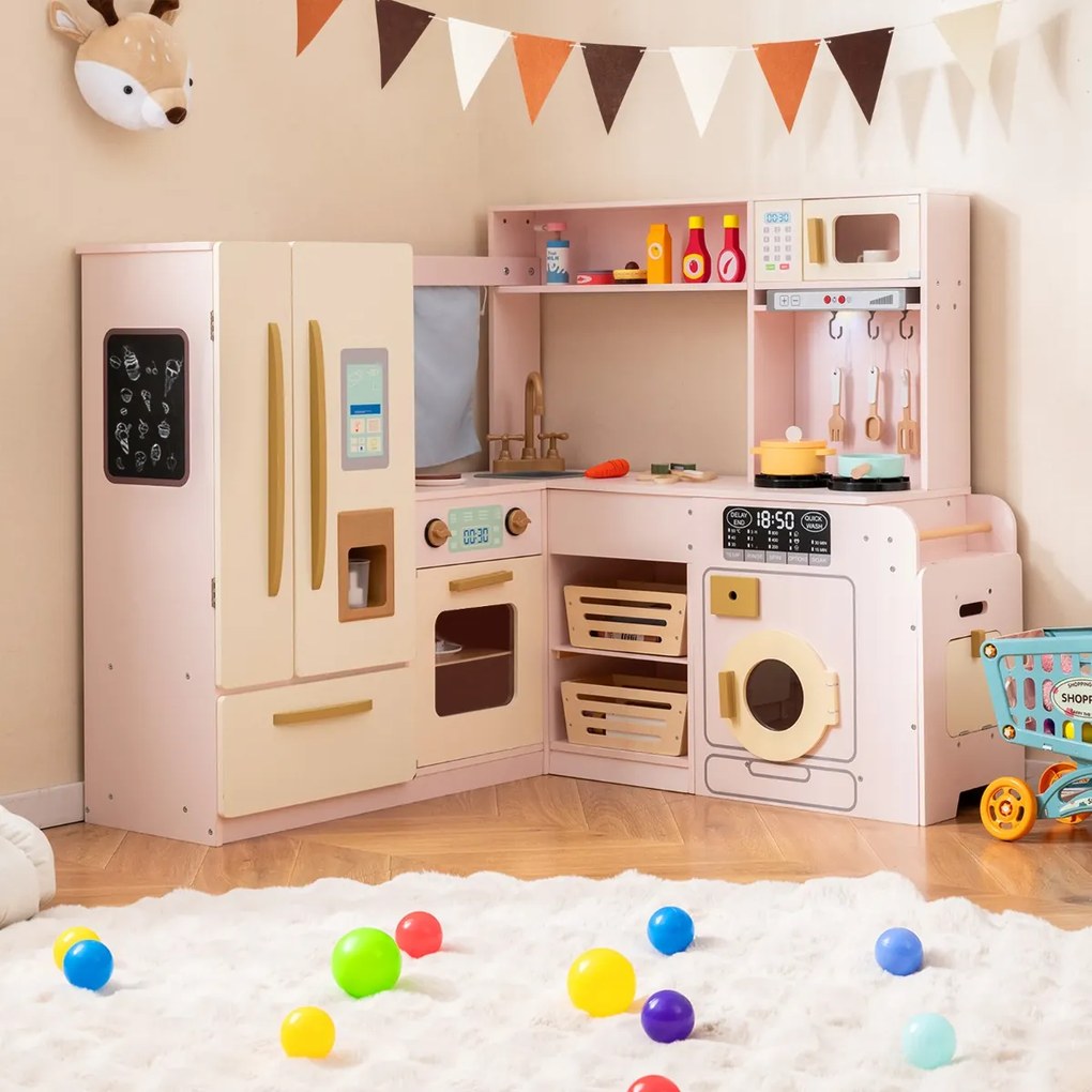 Cozinha infantil canto 102 × 100 × 94 cm com luzes e sons, frigorífico de duas portas, Geleira, micro-ondas e arrumação em madeira para crianças a par