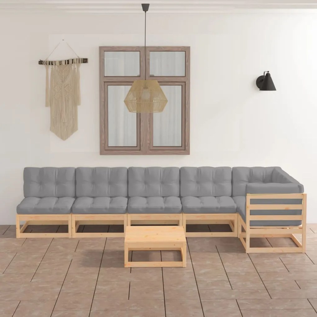 7 pcs conjunto lounge de jardim com almofadões pinho maciço