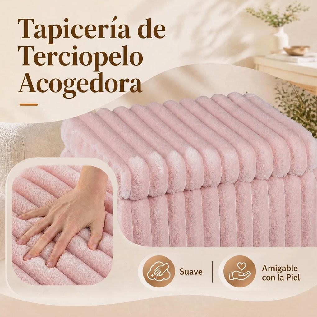 Banco para Toucador com Caixa de Arrumação, 42 x 33 x 55,5 cm, Tampa Rebatível, Rosa