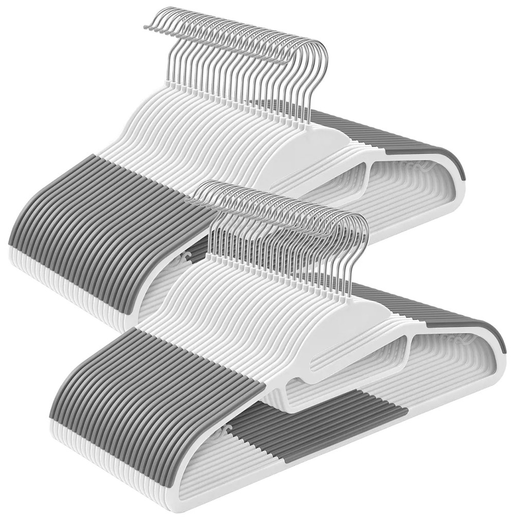 Conjunto de 50 cabides de plástico SONGMICS, cabides com abertura em U, antiderrapantes, economizadores de espaço, 0,5 cm de espessura, 41,5 cm de comprimento, gancho giratório de 360°, branco e cinza escuro CRP041W04