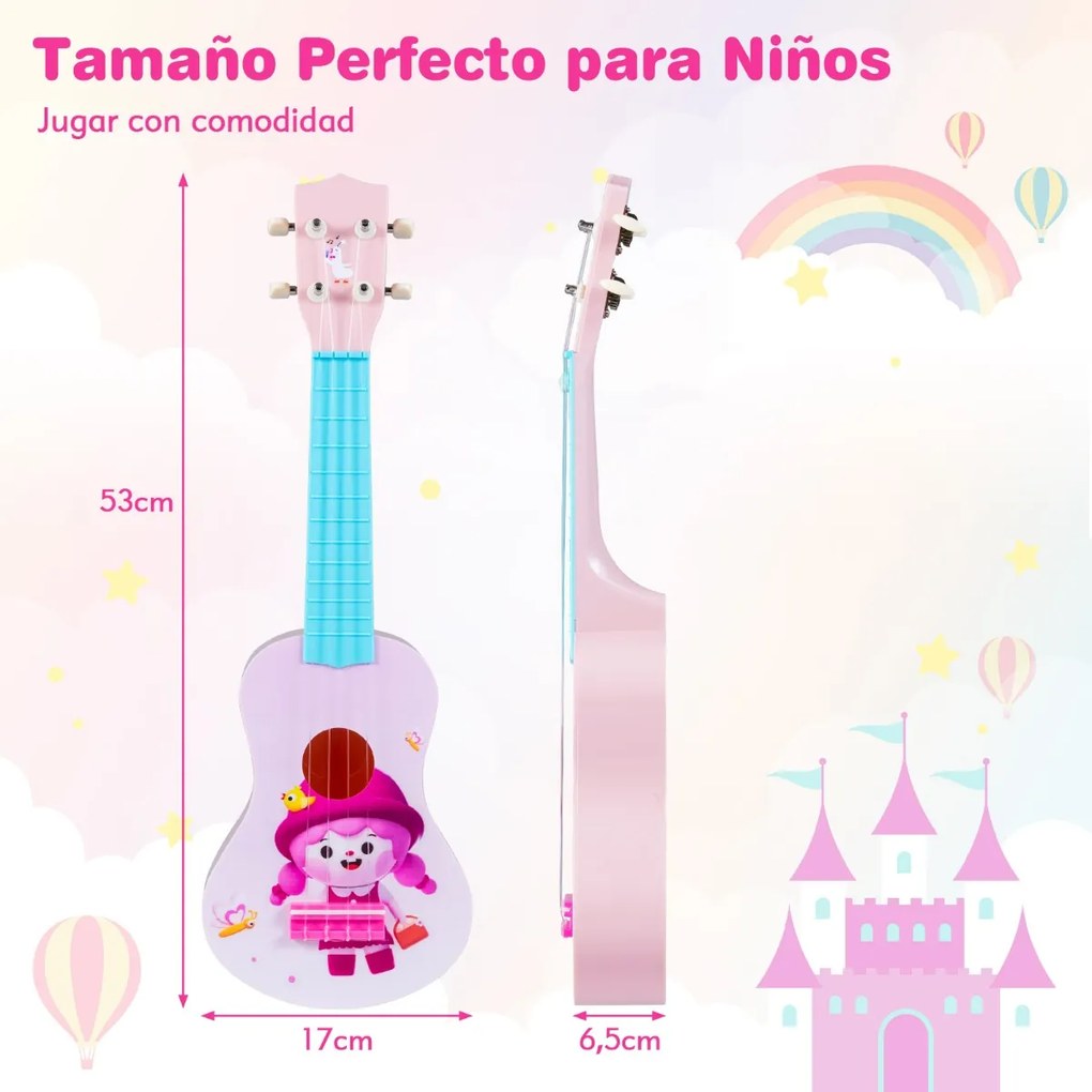 Ukelele de 21 polegadas para crianças infantil com 4 cordas de nylon e 12 trastes para iniciantes Instrumento musical rosa