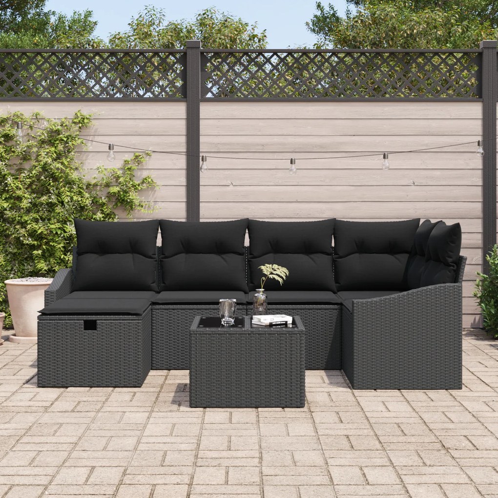 Conjunto de Sofá para Jardim de 7 Peças com Almofadas Preto Rattan Pol