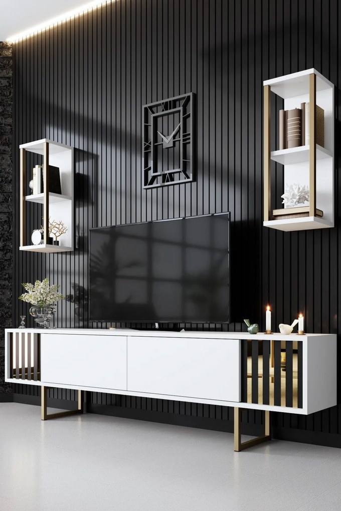 Móvel de TV "Gold" com 2 Prateleiras de Parede – Branco e Dourado - 18