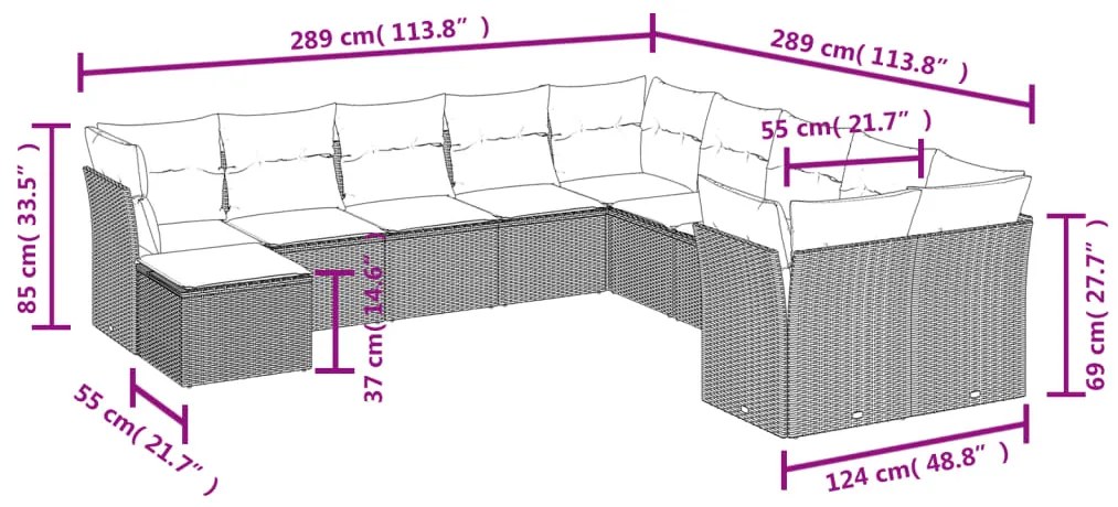 11 pcs conjunto sofás de jardim c/ almofadões vime PE cinzento