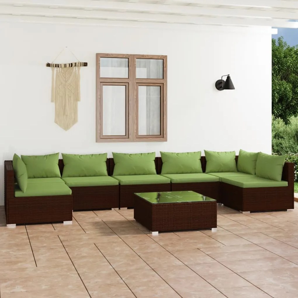 vidaXL 8 pcs conjunto lounge jardim c/ almofadões vime PE castanho