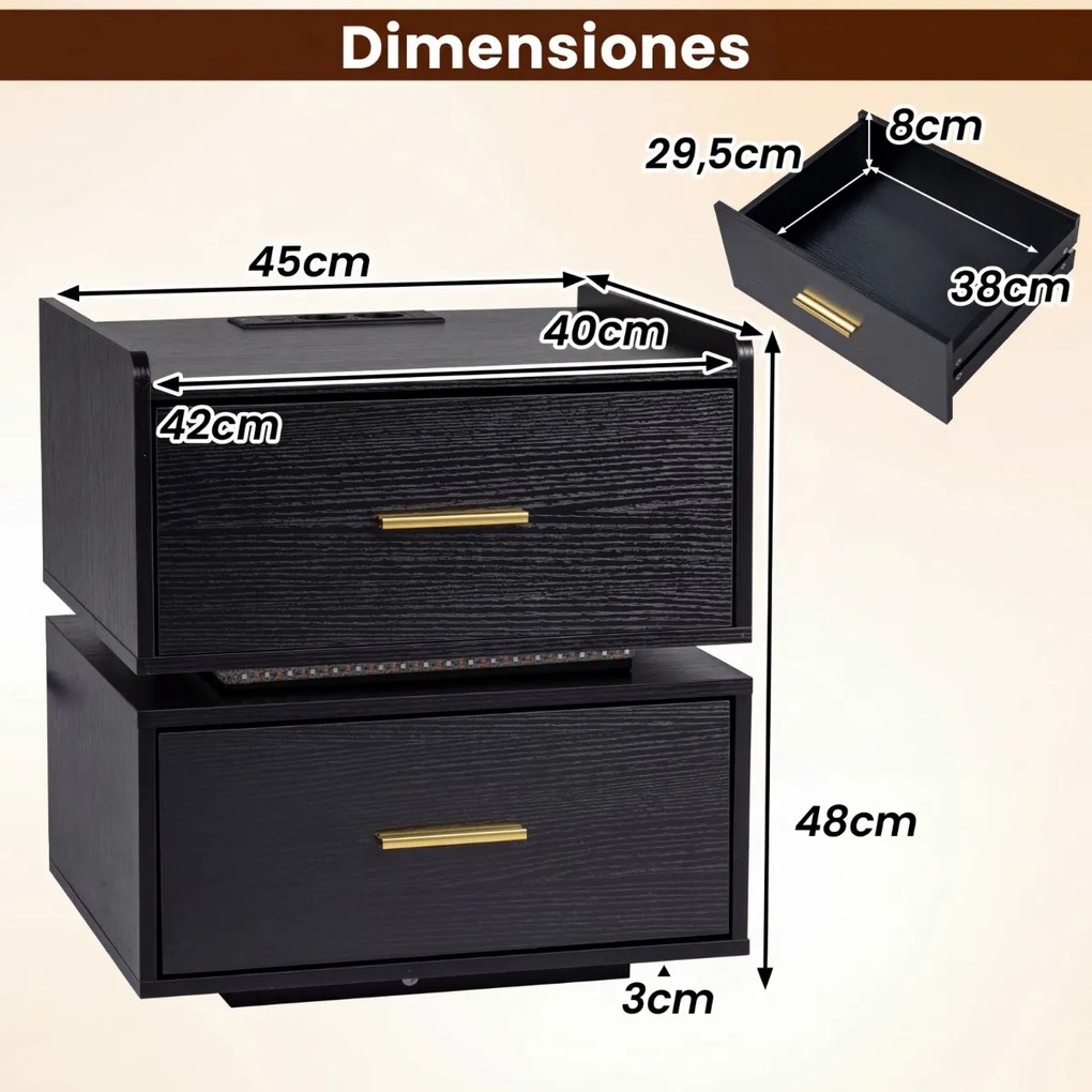 Conjunto de 2 mesas de cabeceira com estação de carregamento LED 45 x 40 x 48 cm, 2 gavetas, arrumação semi-suspensa e base metálica para sala ou quar