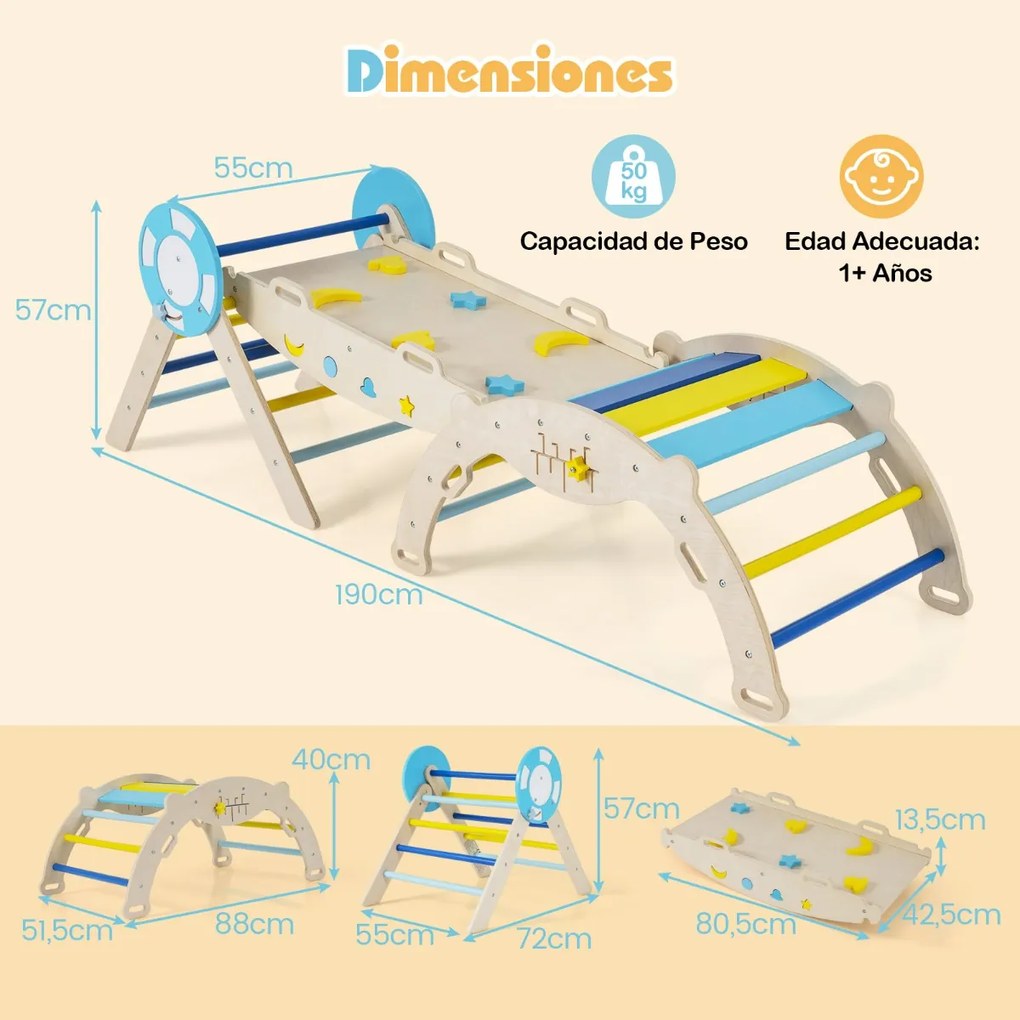 Conjunto triangular 8 em 1 de escalada para bebés com rampa, escada e arco de escalada Montessori de madeira Macaron