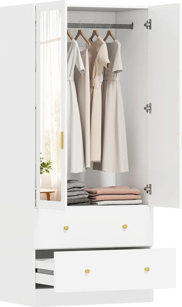 Guarda Roupa com 80x50x180 cm 2 Portas e 2 Gavetas Armário Roupeiro com Espelho Barra para Pendurar Estilo Moderno Branco