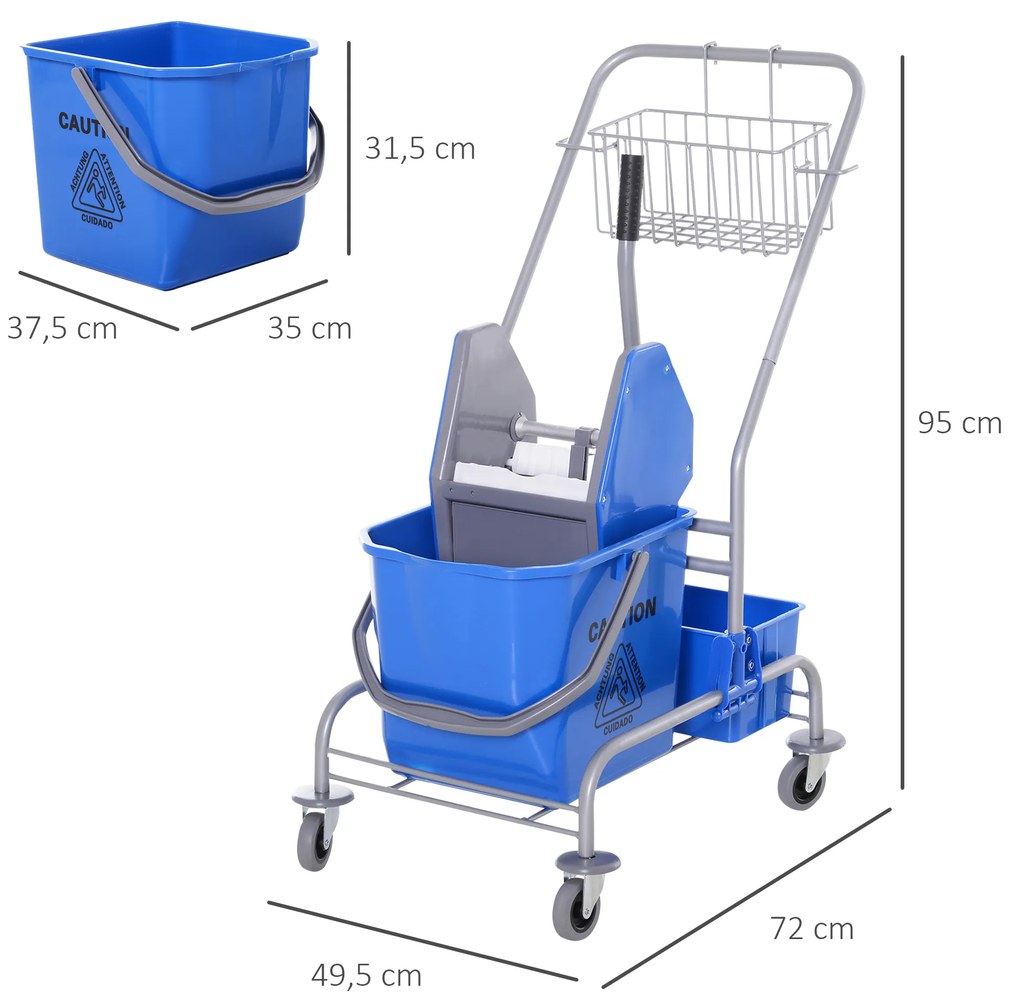 Carro de Limpeza Profissional com Rodas Balde de Esfregona Removível de 25L Espremedor Cesto e Cubeta 72x49,5x95 cm Azul