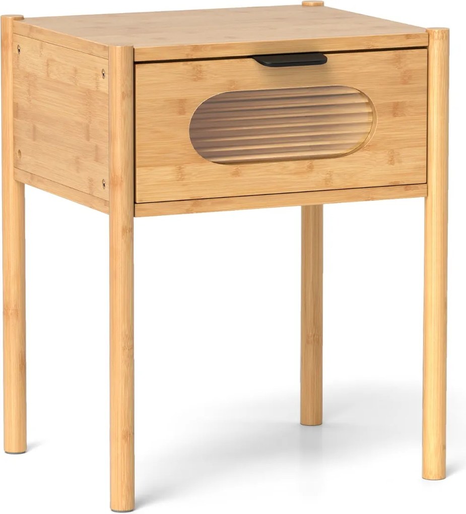 Mesa de cabeceira de bambu 40 x 40 x 50,5 cm estilo rústico com gaveta decorada em vidro temperado para quarto, sala ou espaços pequenos Natural
