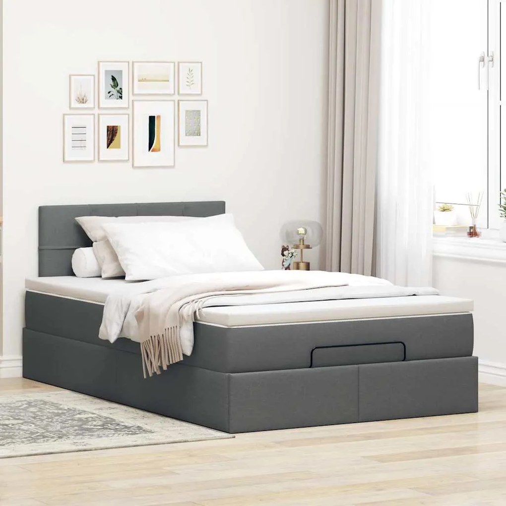 Cama otomana com colchão&LEDs 120x200 cm tecido cinzento escuro