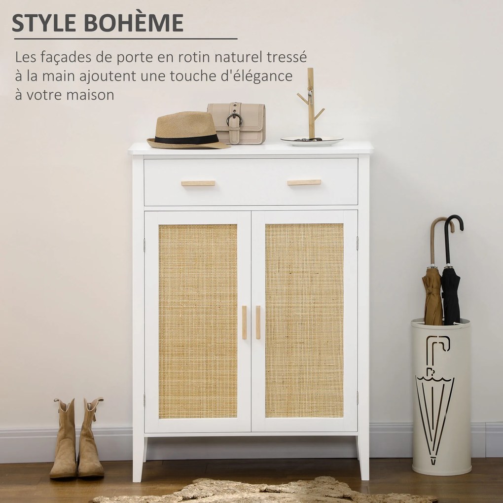 Sapateira com 2 portas com efeito de vime e gaveta, 80 x 35 x 110 cm, branco
