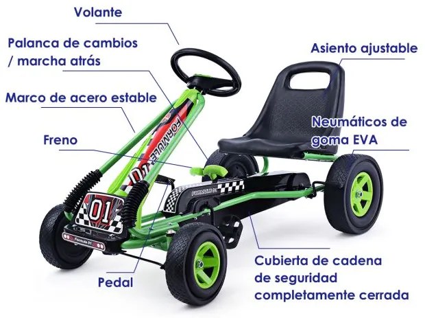 Kart Carro de pedais para crianças com rodas de borracha, embraiagem e travão 98 x 59 x 61 cm Verde