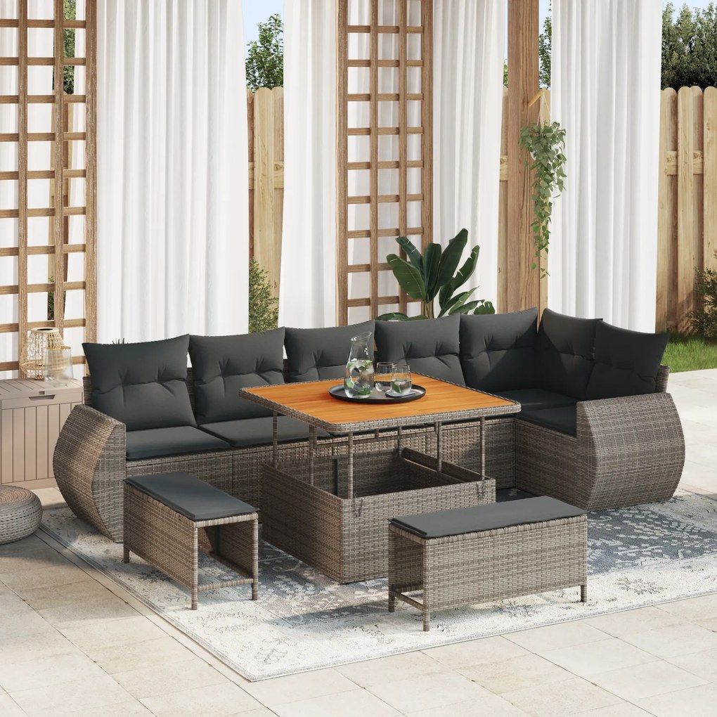 Conjunto de Sofás de Jardim de 9 Peças com Almofadas Cinza Vime PE Acá