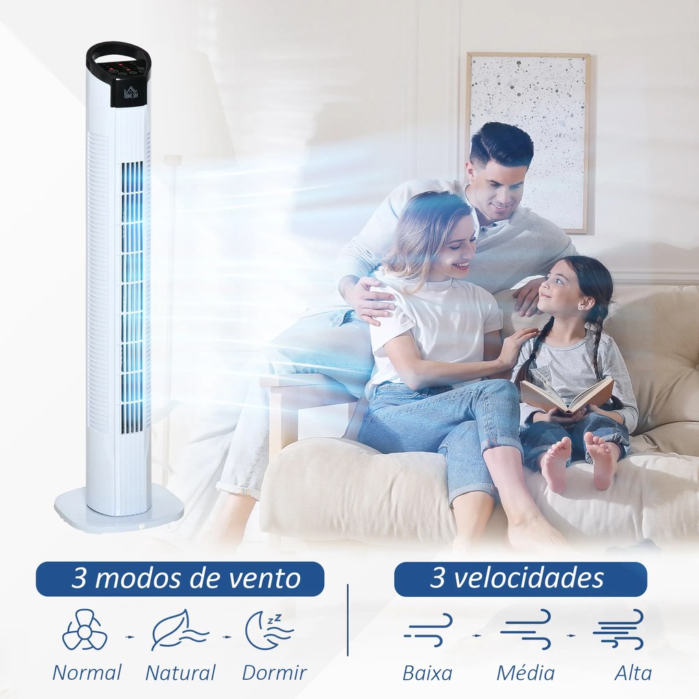 Ventoinha de Coluna 50W com Controlo Remoto 3 Velocidades Ecrã LCD Temporizador 7,5h e Oscilante 70° Ø20x78,5 cm Branco