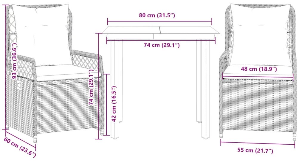 3 pcs conjunto de jantar p/ jardim com almofadões vime PE bege