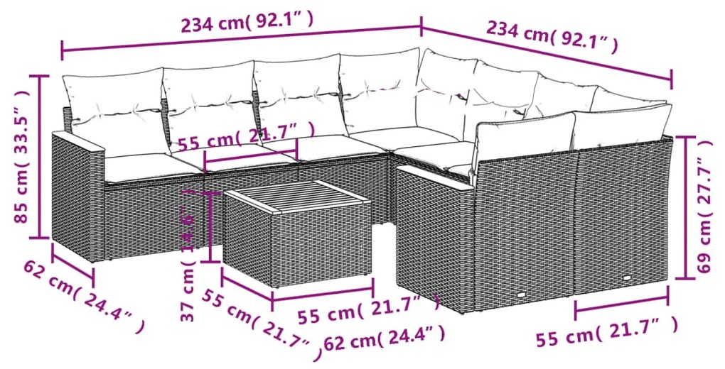 9 pcs conjunto de sofás p/ jardim com almofadões vime PE bege